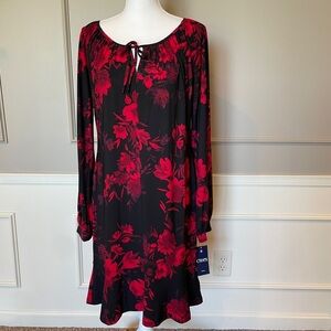 Chaps NWT Large red floral jersey sheath dress black boat neck stretch travel